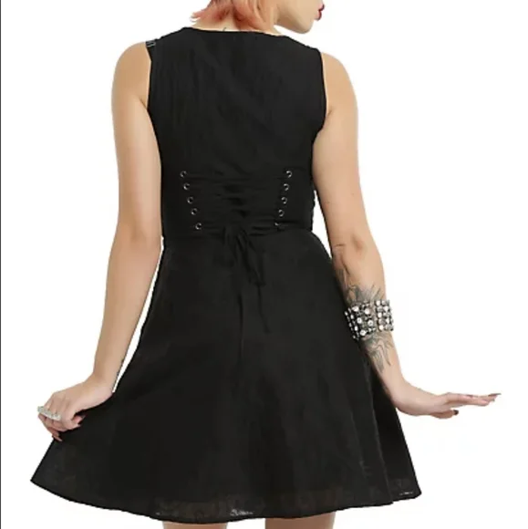 Hot Topic Fit Flare Goth Black Cotton Lined Embroidered Skull Corset Dress XL Hot Topic Fit Flare Goth Black Cotton Lined Embroidered Skull Corset Dress XL